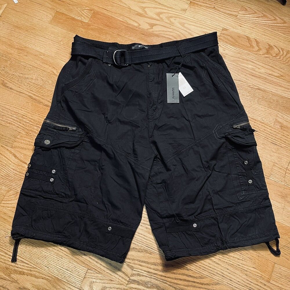 NWT Vintage Belted Cargo Shorts Wide Leg Rivets Black Sz 42 PJ Mark Y2K